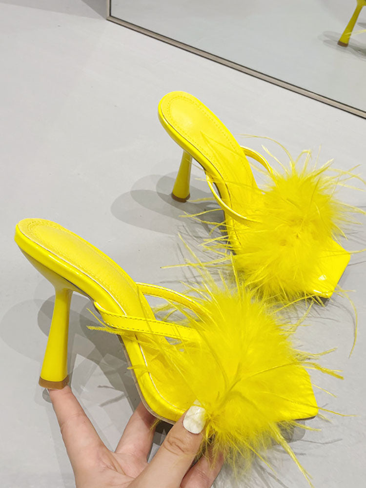 Feather Trim Square Toe Stiletto High Heel Mules
