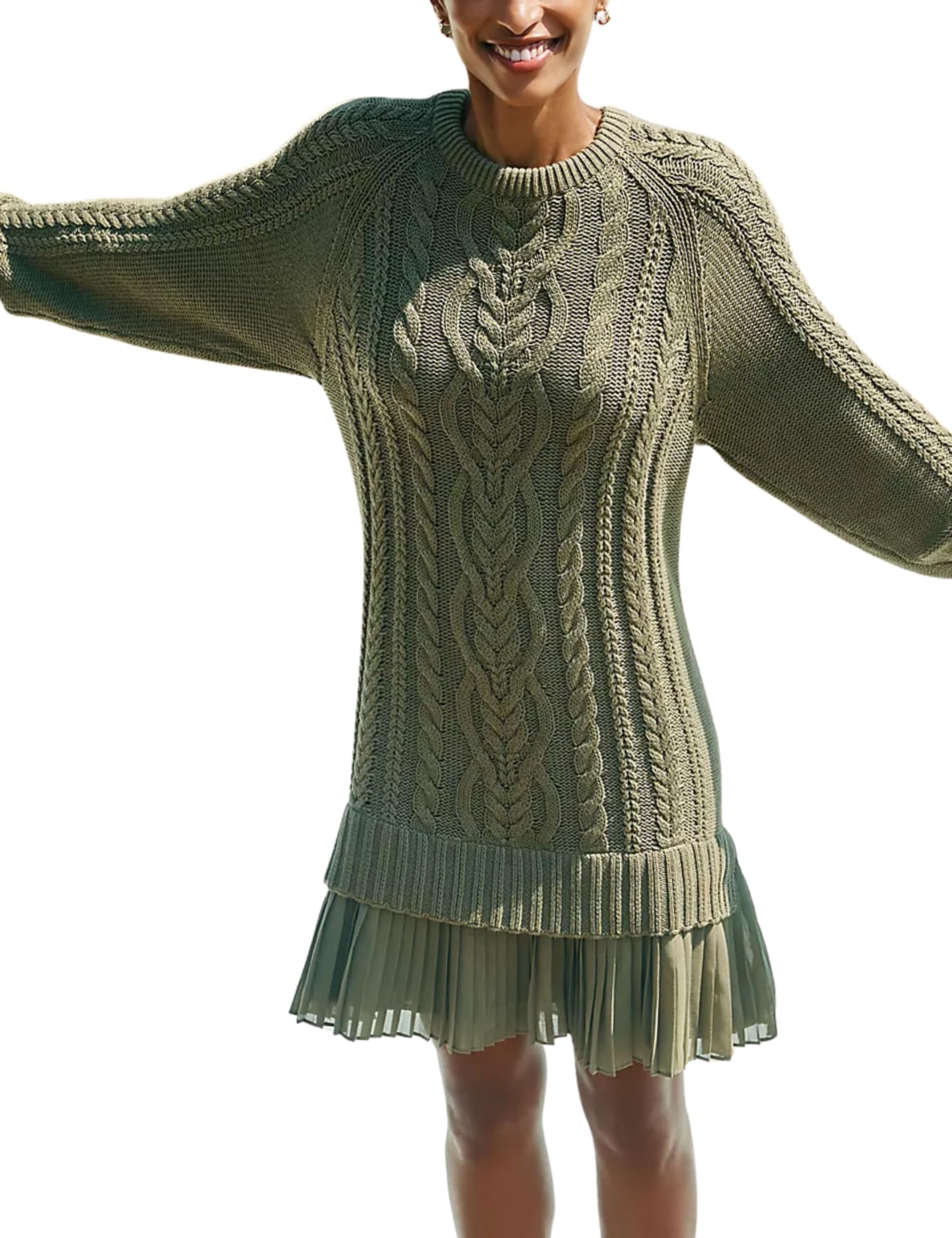 Round Neck Cable Knit Sweater Mini Skirt