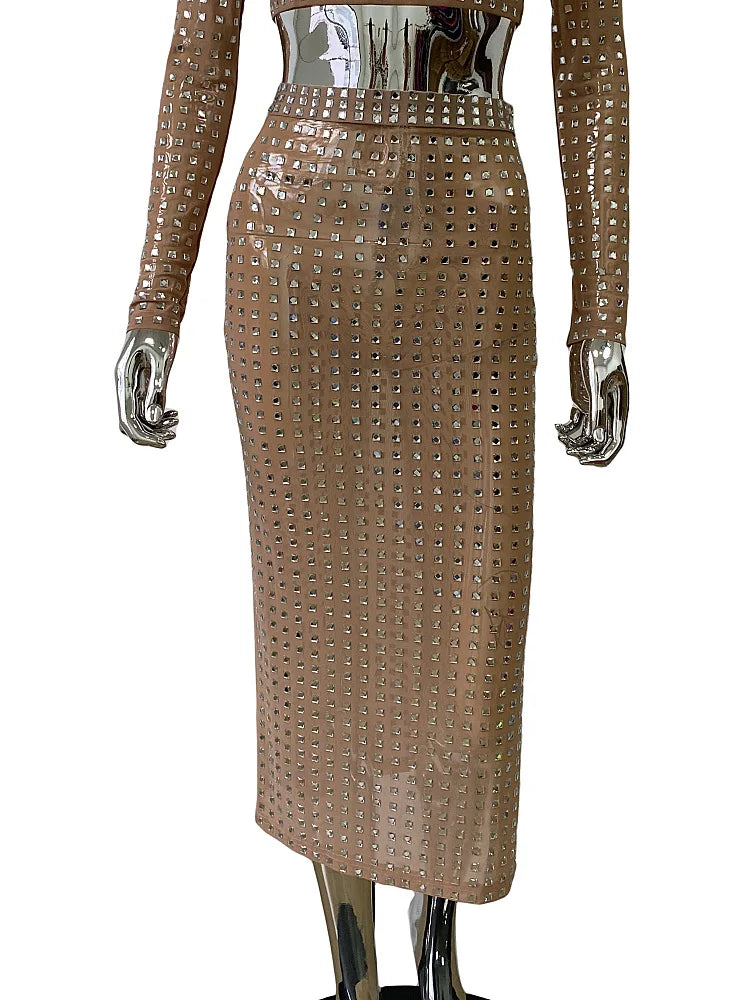 Mesh Top Skirt Sparkling Party Dress Khaki / S Partydress-241208