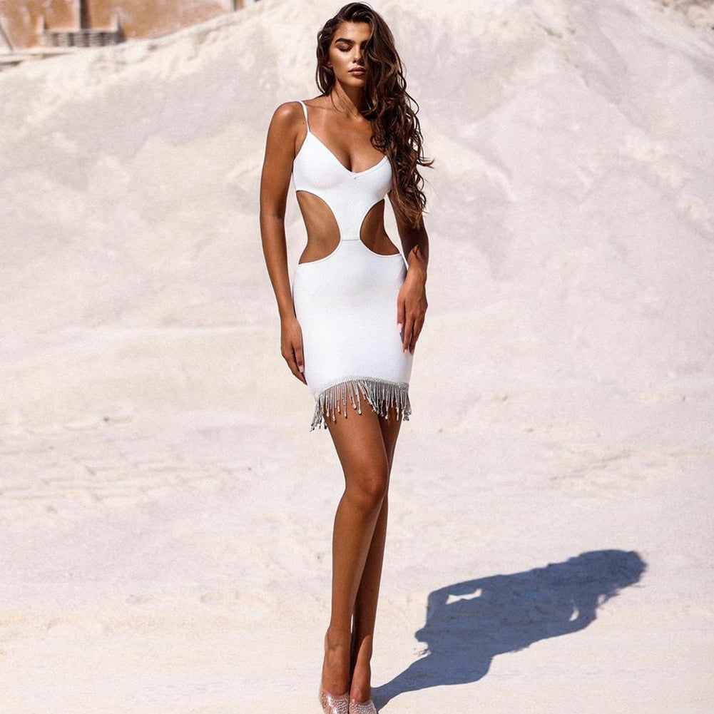 Strappy Sleeveless Drill Chain Mini Bandage Dress SW6446