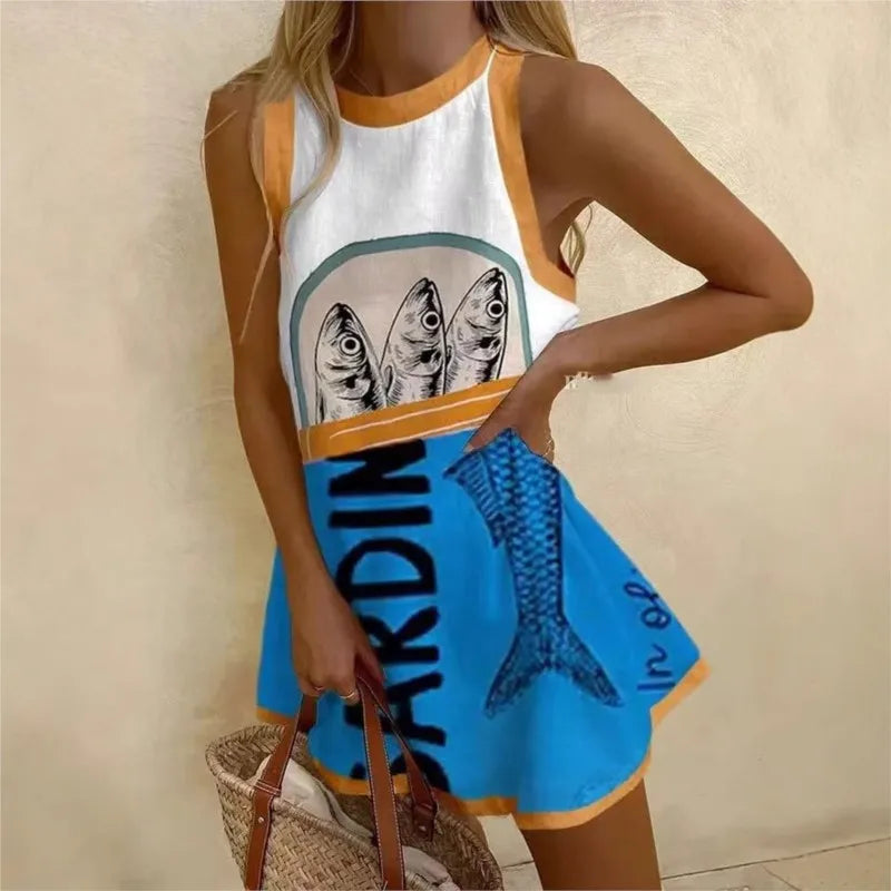 Round Neck Sardine Print Sleeveless Flared Mini Dress