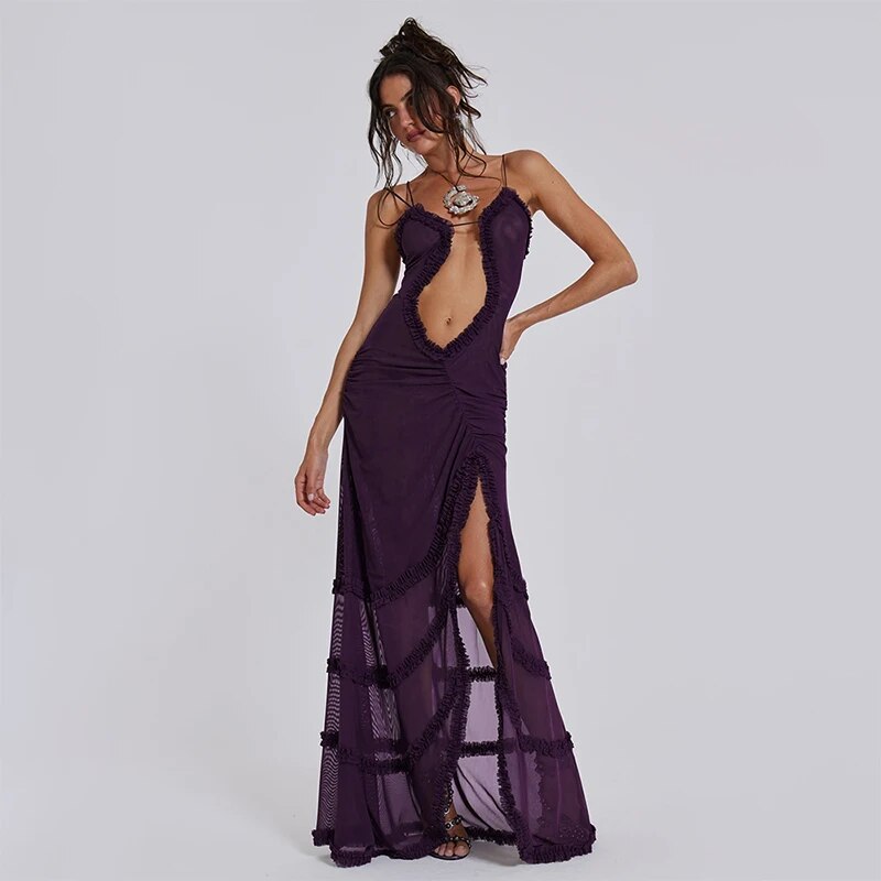 Strappy Ruffle Trim Cutout Printed Mesh Ruched Bodycon Maxi Dress