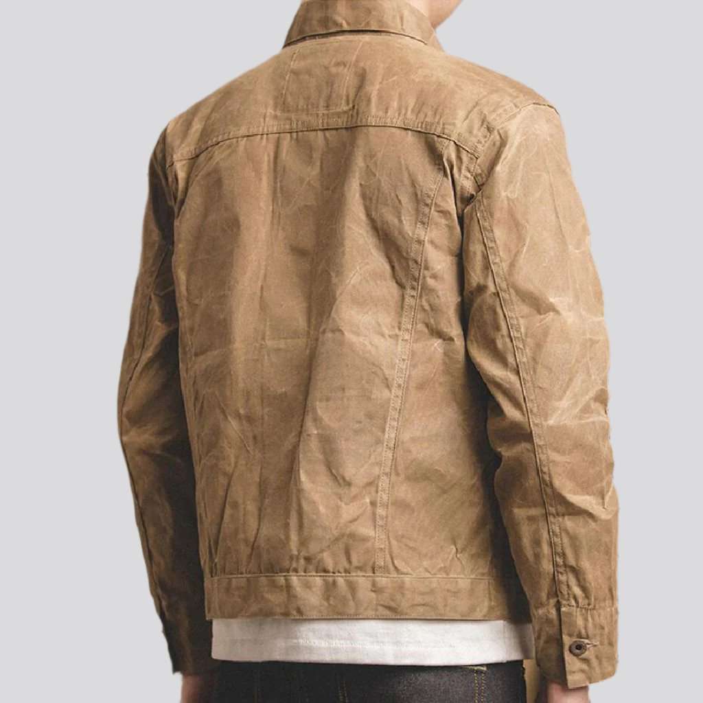 Sand Spread Collar Button Front Waxed Canvas Trucker Jacket 3