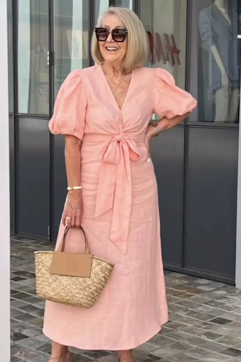 V-Neck Puff Sleeve Tie Front Linen Maxi Dress