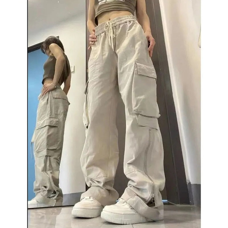Jeans Leg High Pants Vintage Waist Wide Cargo Straight White Y2K Denim American Baggy Trouser / S