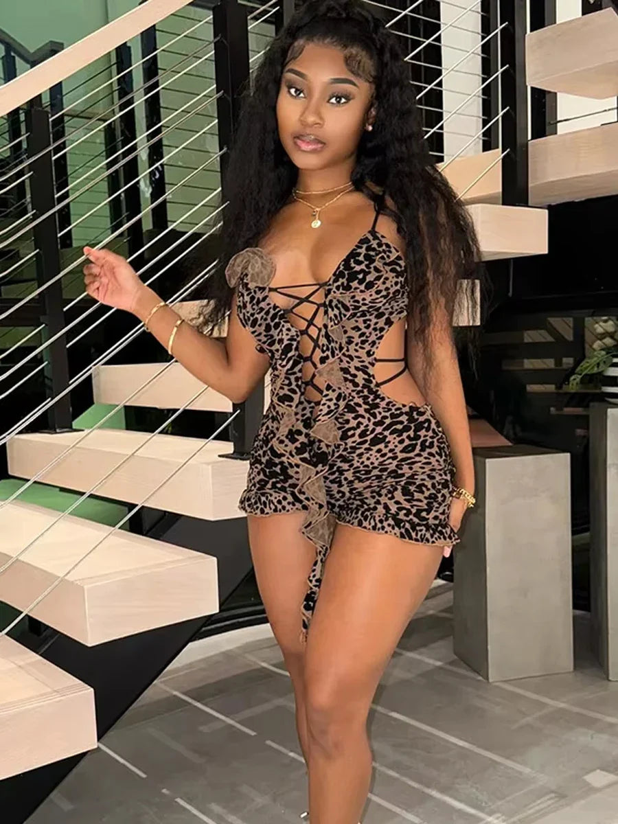 Leopard Flocking Tassel Vneck Romper