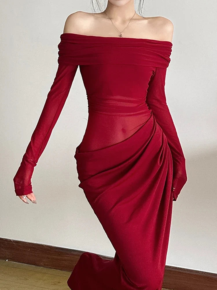 Mesh Patchwork Slash Neck Maxi Dress