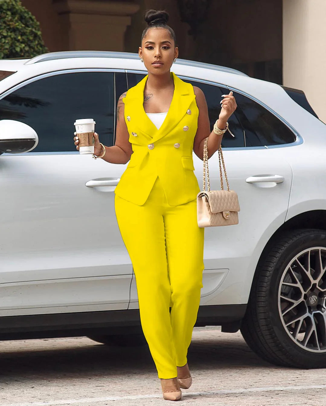 Notch Neck Long Pant Suit