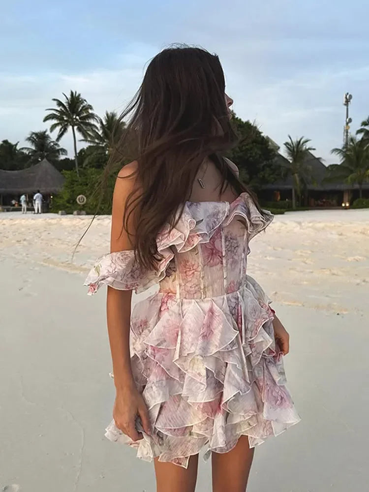 Pleated Off Shoulder ALine Floral Dress
