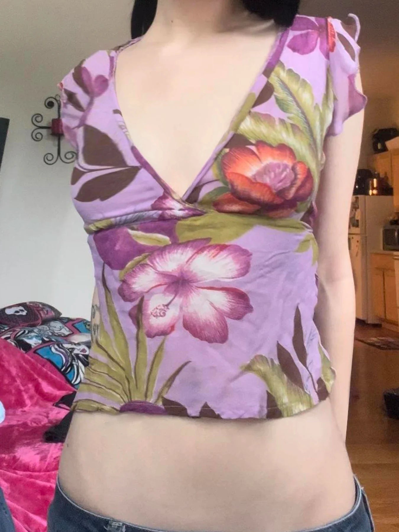 Butterfly Sleeve Slim Fit VNeck Blouse Crop Top