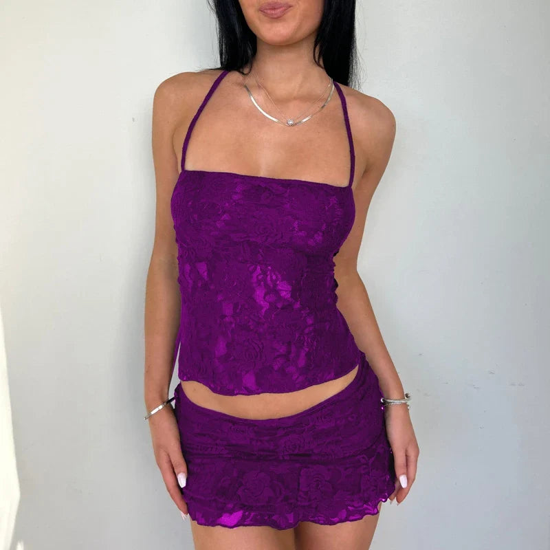 Lace Fairy TieUp Sleeveless Low Rise Mini Two Piece Skirt Set