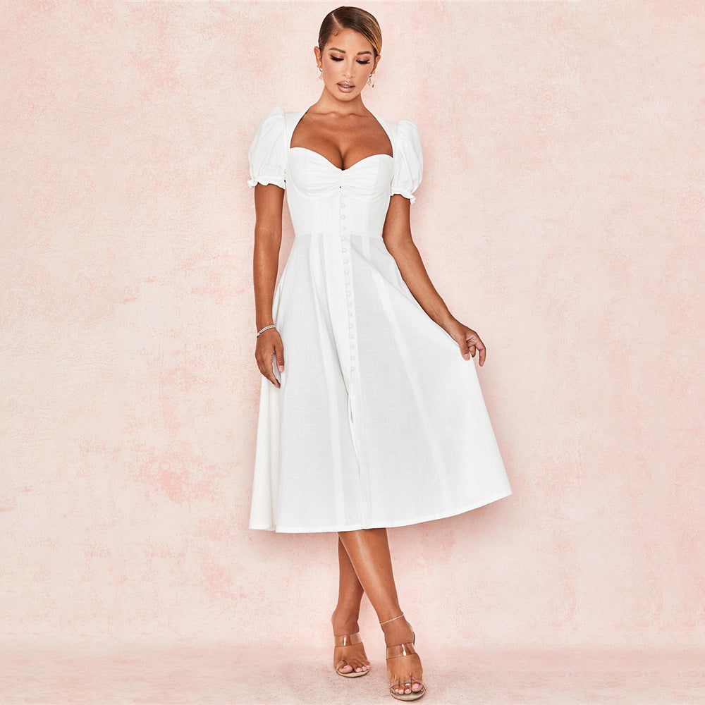 White Square Neck Puff Sleeve Ruched Button Front A-Line Midi Dress
