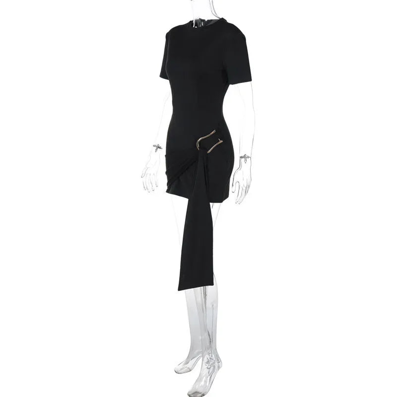 Short Sleeve Draped Black Metal Buckle Mini Dress