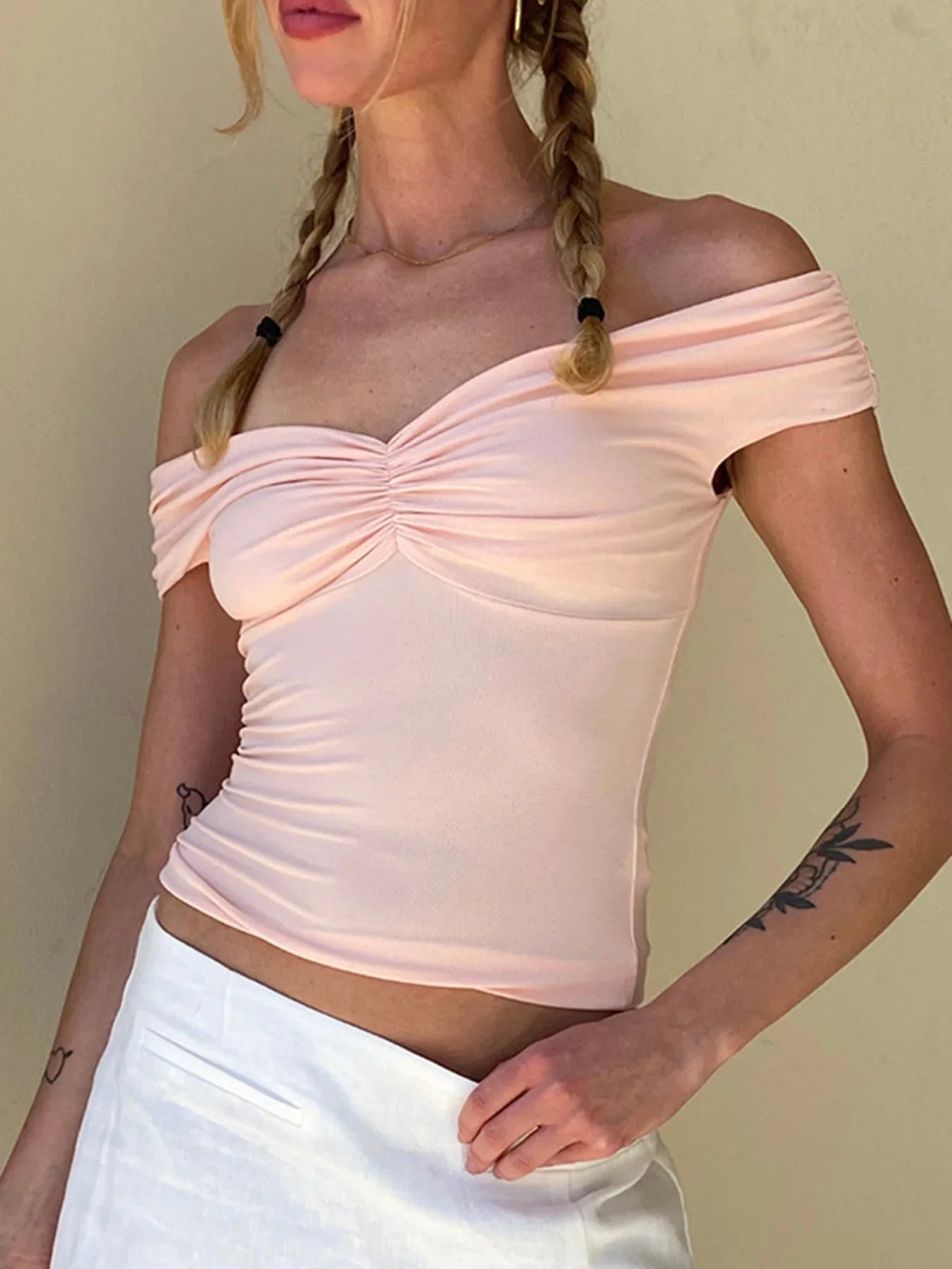 Off Shoulder Ruched VNeck Cropped Tee Crop Top