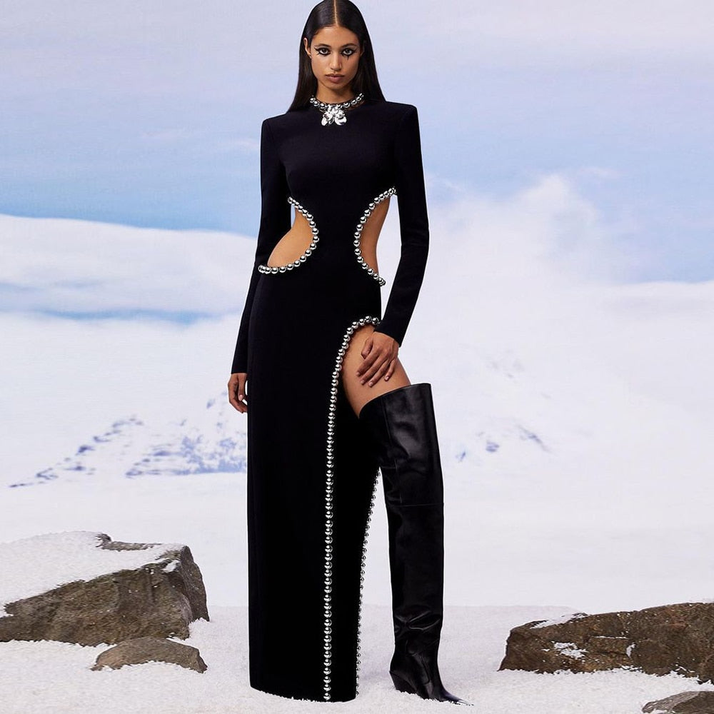 O Black Long Bodyband Sexy Beaded Women’s Cutout Gown Neck Party Celebrity Dress / Xs