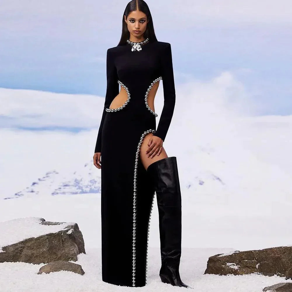 Black Round Neck Beaded Trim Long Sleeve Cutout Bodycon Maxi Dress
