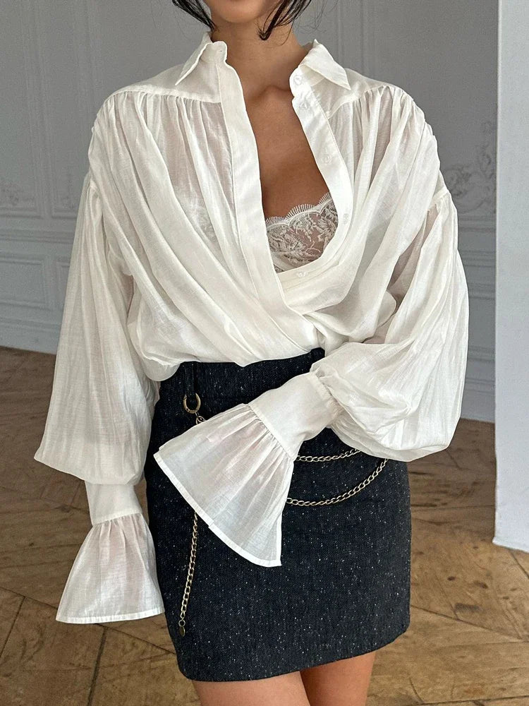 Loose SeeThrough Lapel Long Sleeve Blouse