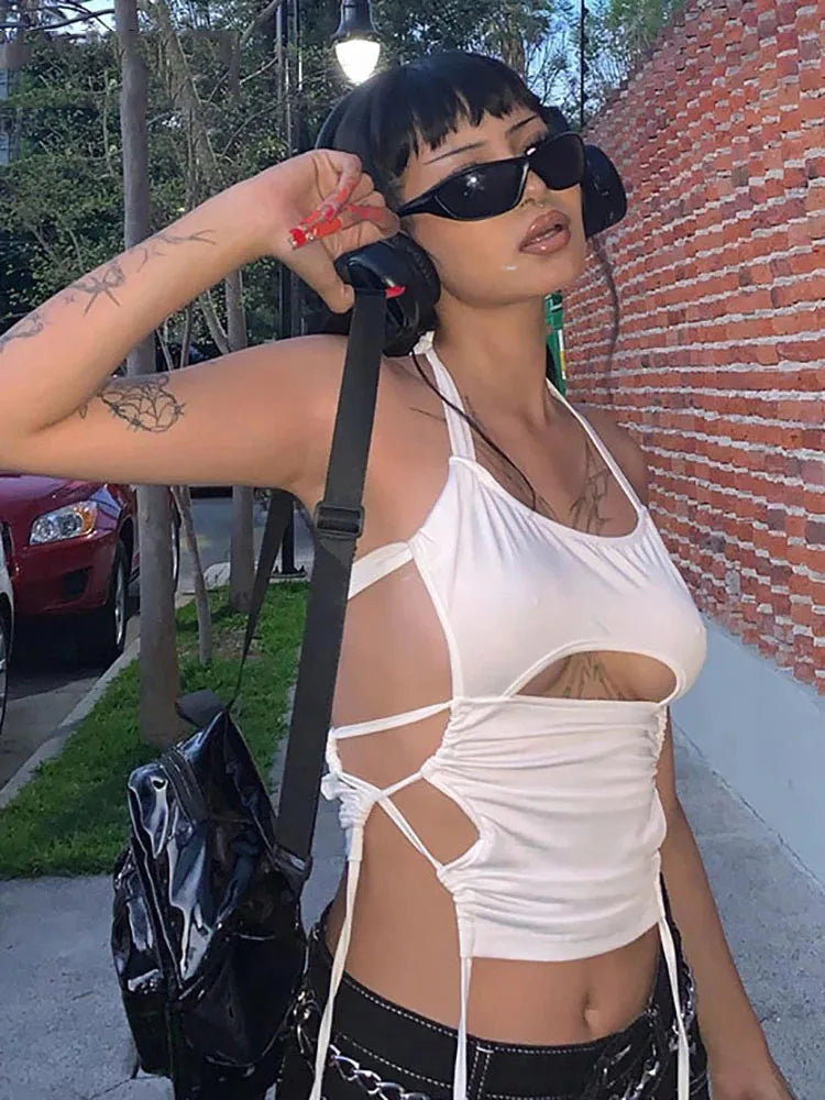 White Hollow Halter Crop Top