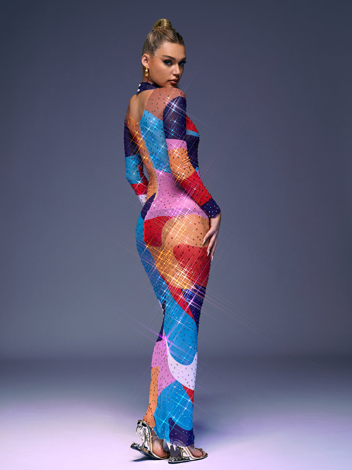 High Neck Long Sleeve Rhinestone Abstract Print Sheer Mesh Bodycon Maxi Dress