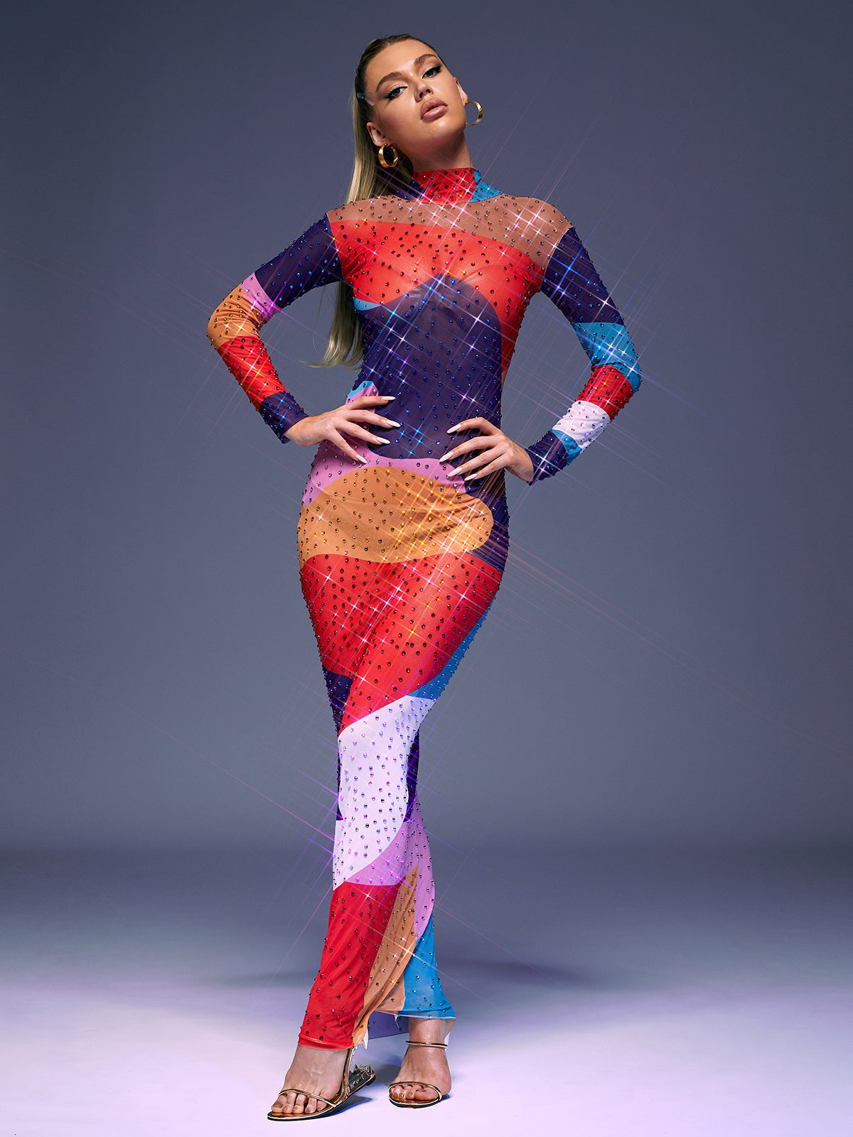 High Neck Long Sleeve Rhinestone Abstract Print Sheer Mesh Bodycon Maxi Dress