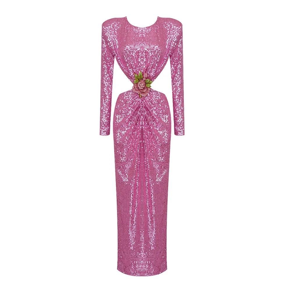Round Neck Long Sleeve Sequin Cutout Rose Applique Maxi Dress