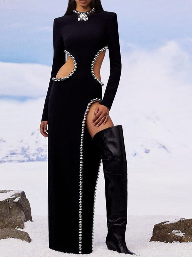 O Black Long Bodyband Sexy Beaded Women's Cutout Gown Neck Party Celebrity Dress