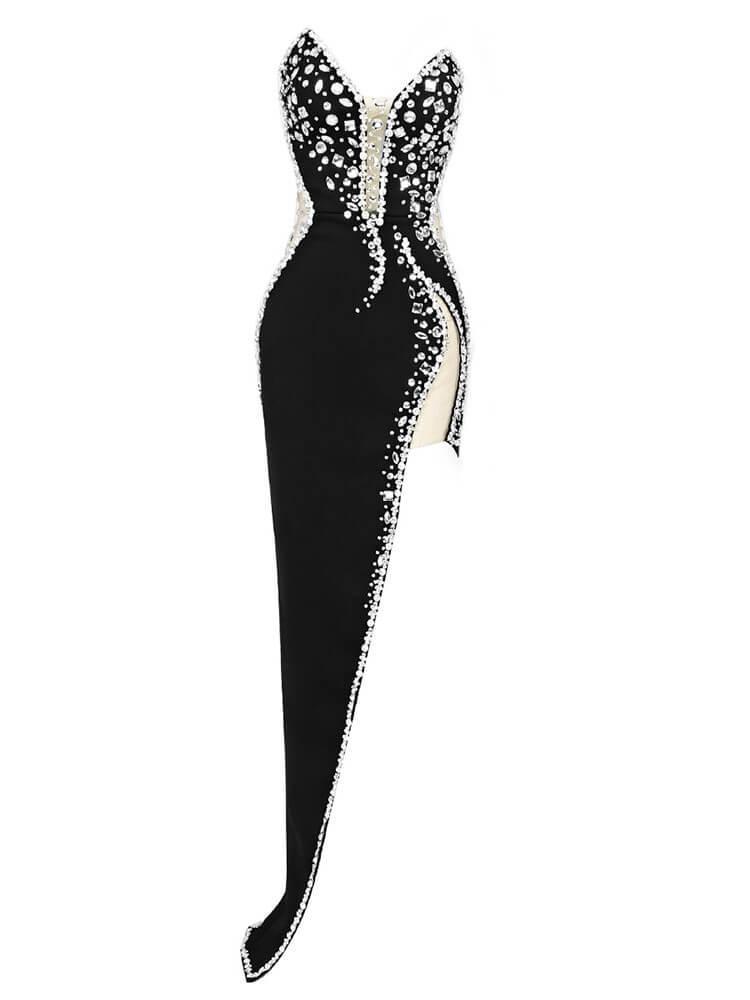 Strapless Sweetheart Crystal Beaded Illusion High Slit Bodycon Maxi Dress