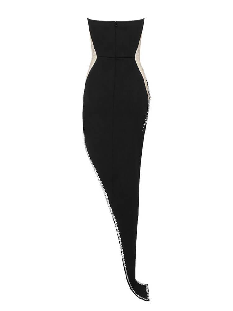 Strapless Sweetheart Crystal Beaded Illusion High Slit Bodycon Maxi Dress