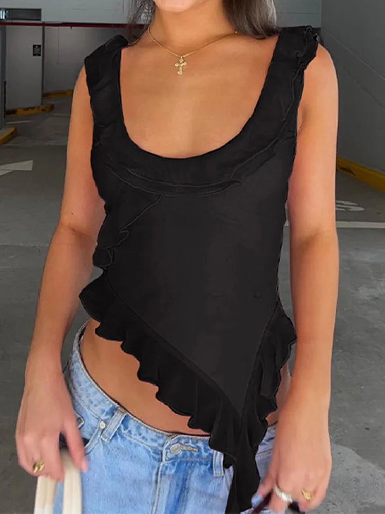 Fashion Oneck Sleeveless Mesh Sheer Top