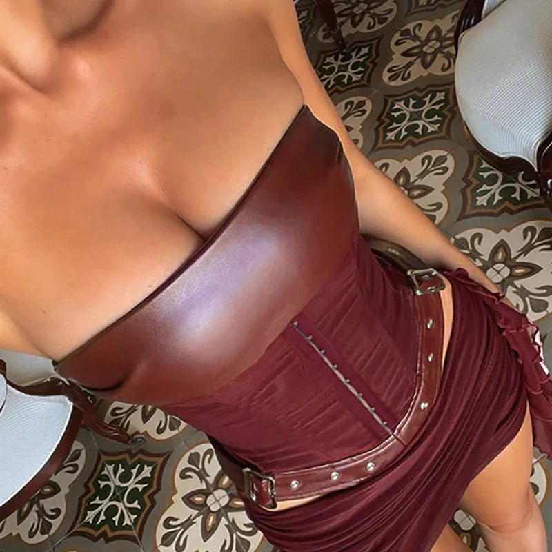 Red Leather Mesh LaceUp Strapless