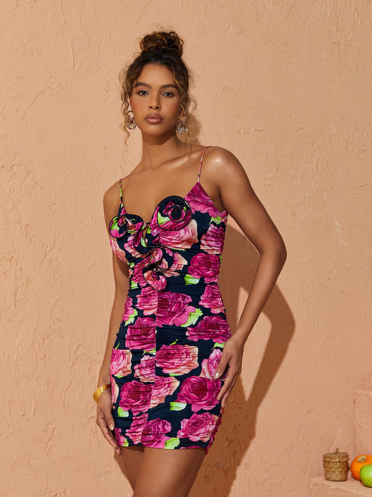 Rose Printed Ruched Mini Dress
