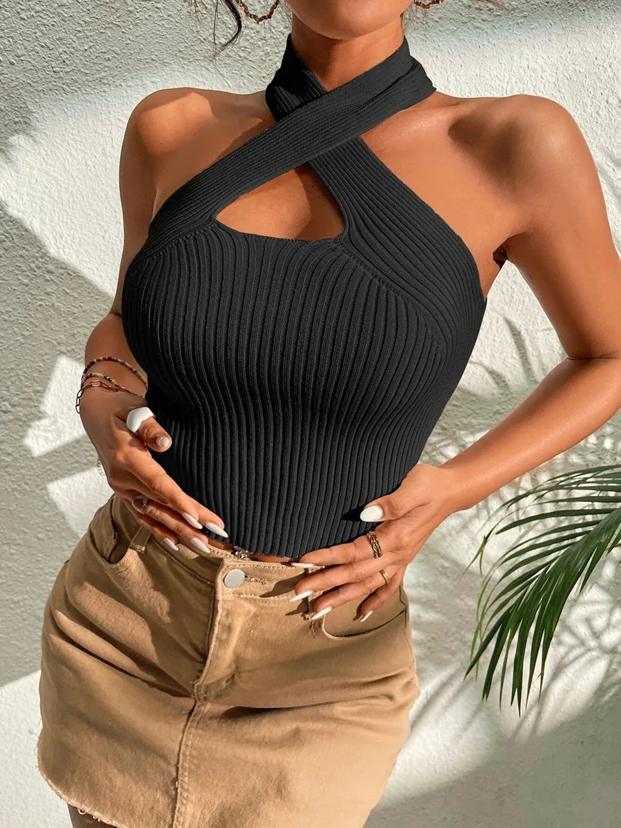 Heart Criss Cross Ribbed Knit Y2K Cami Top