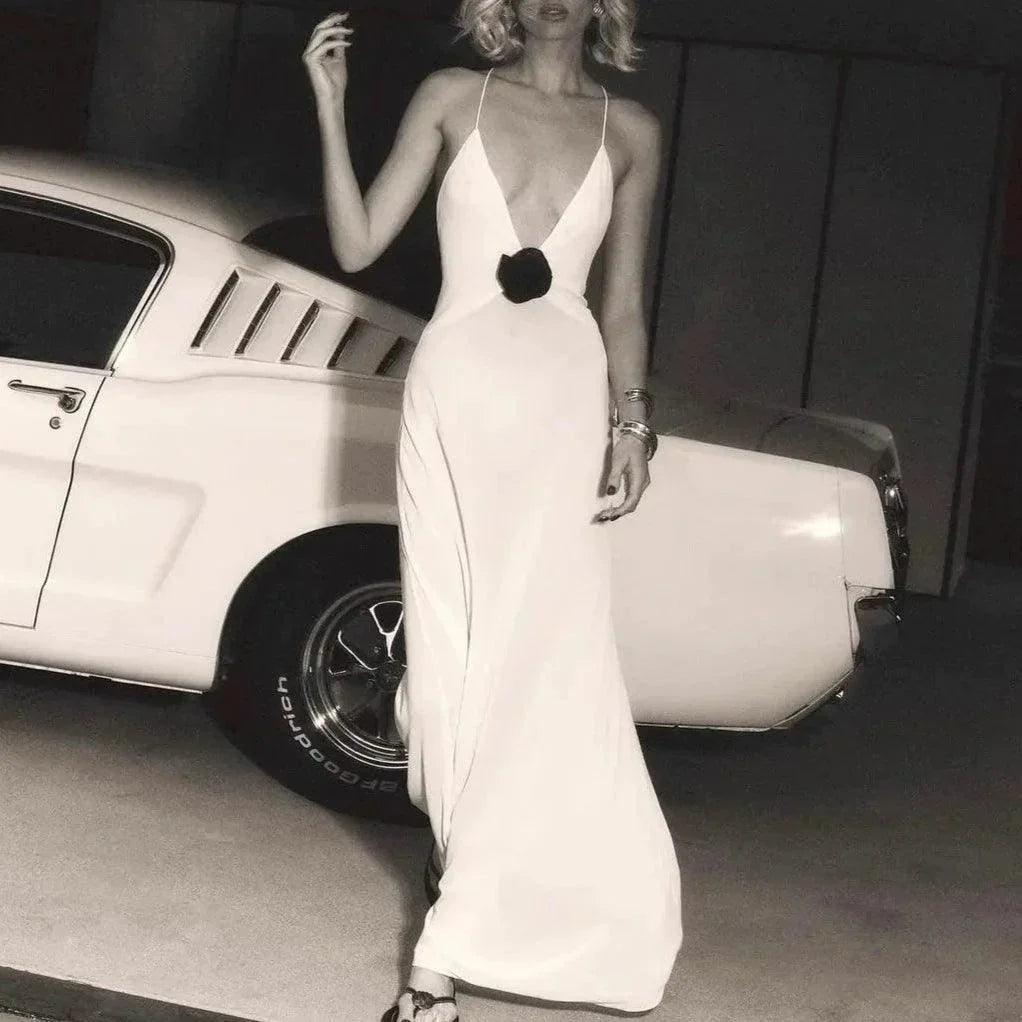 Spaghetti Strap Deep V-Neck Rosette Bodycon Maxi Gown
