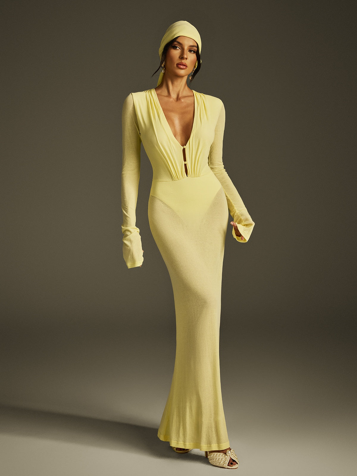 Plunge Neck Mesh Maxi Dress
