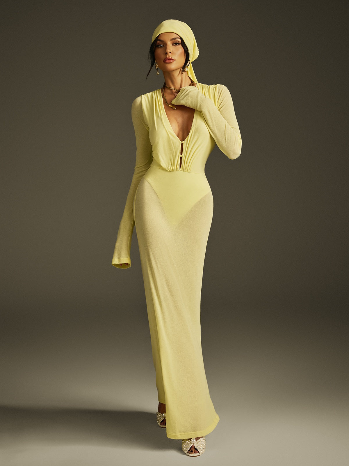 Plunge Neck Mesh Maxi Dress