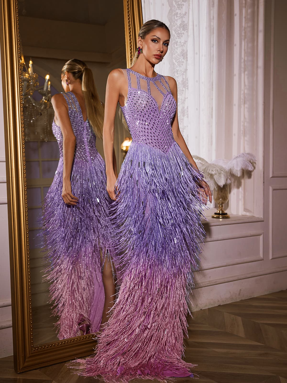 Fringe Rhinestone Maxi Dress In Purple