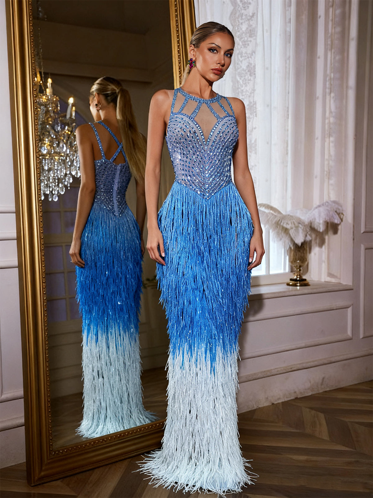 Fringe Rhinestone Maxi Dress In Blue