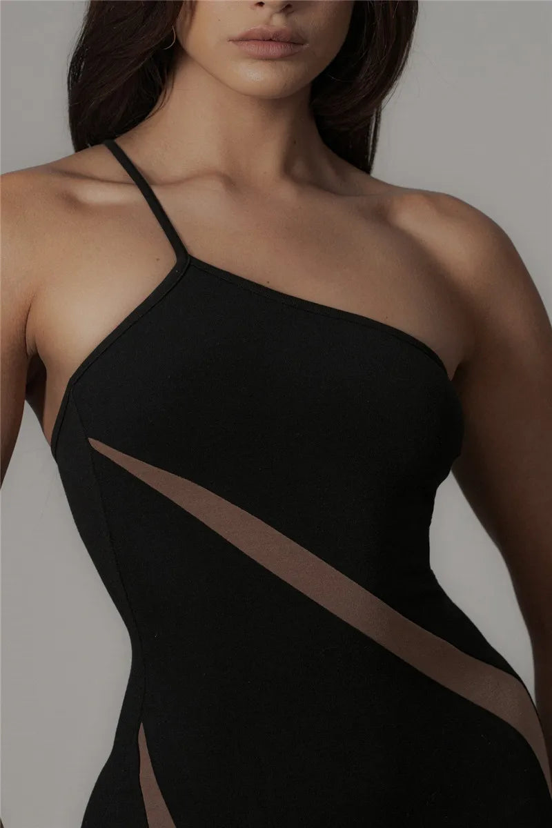 Black Mesh Patchwork One Shoulder Maxi Dress
