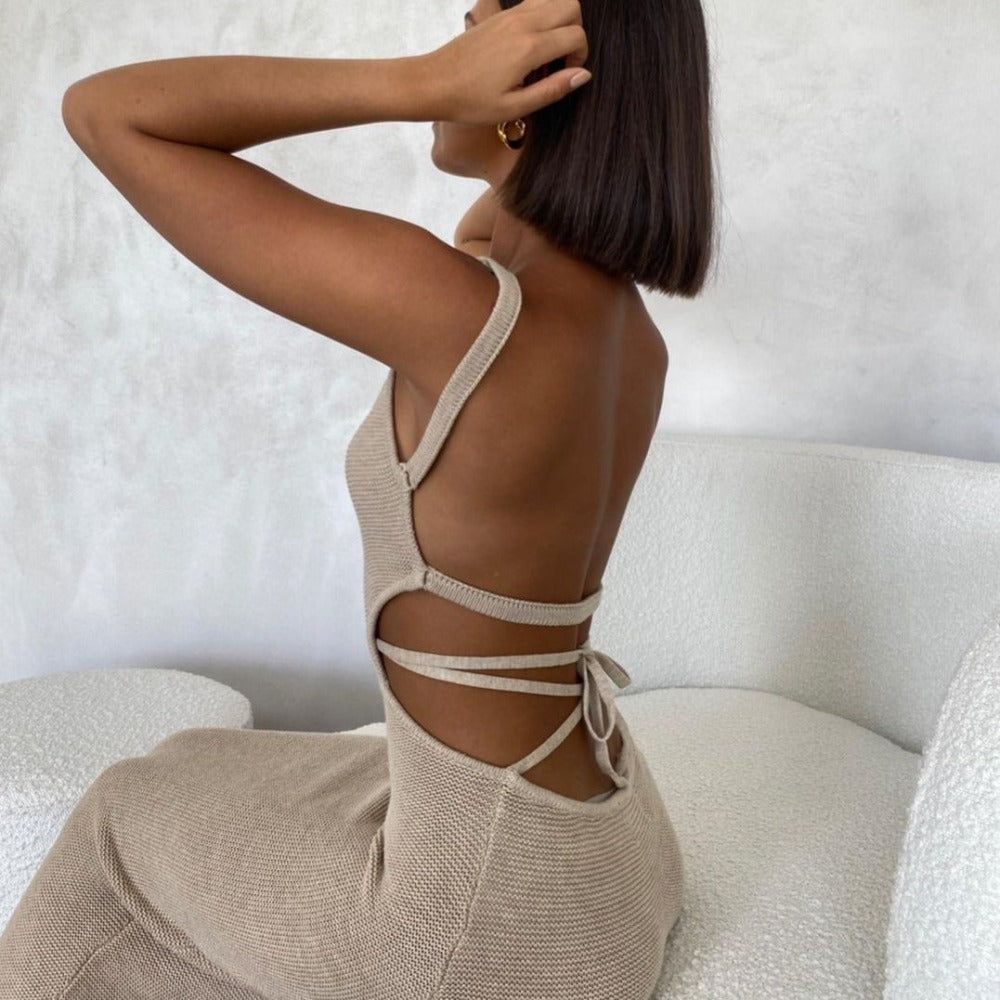 Backless Lace-Up Ribbed Knit Bodycon Maxi Dress
