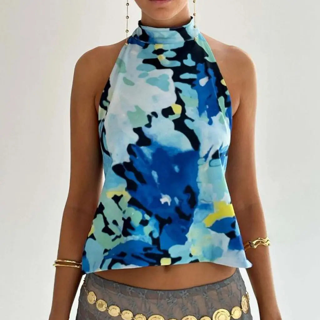 Y2K Button Closure Halter Backless TieDye Cami Top