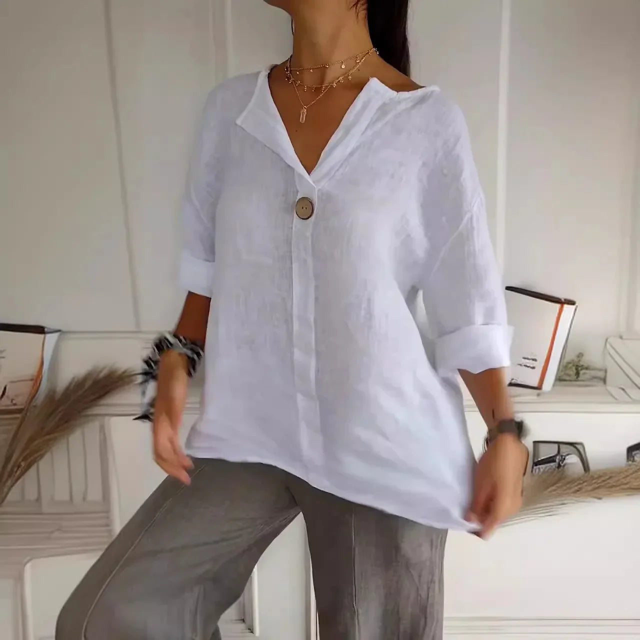 Summer Vneck Button Tee Blouse