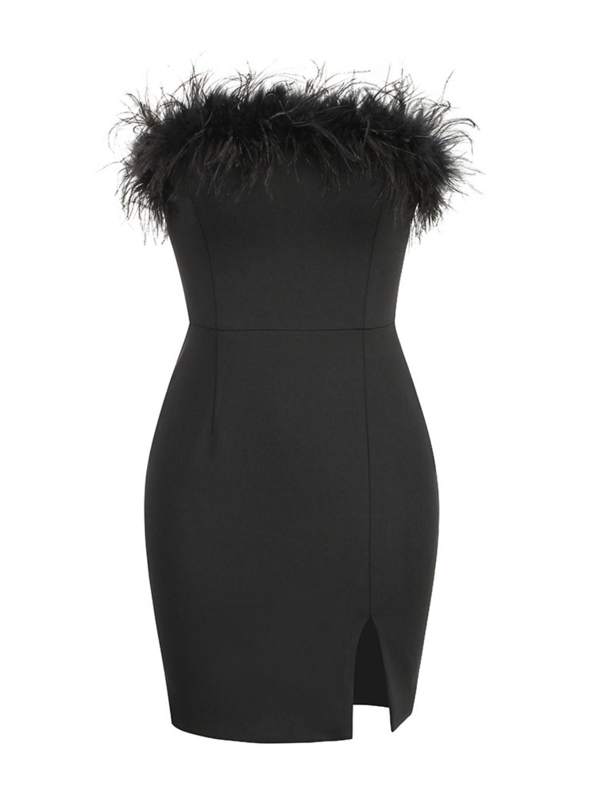 Strapless Feather Trim High Slit Bodycon Mini Dress