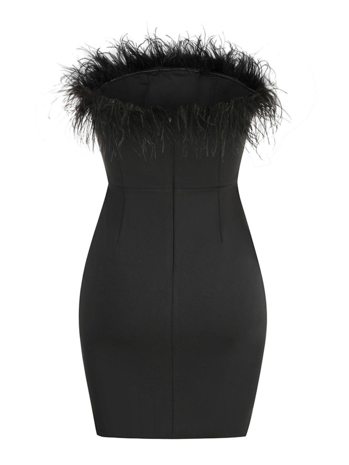 Strapless Feather Trim High Slit Bodycon Mini Dress