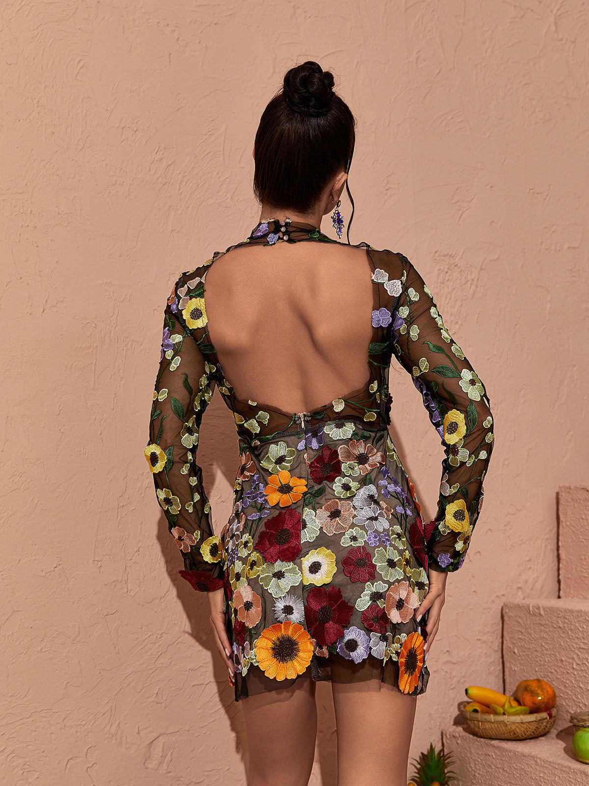 High Neck Long Sleeve 3D Floral Applique Mesh Mini Dress