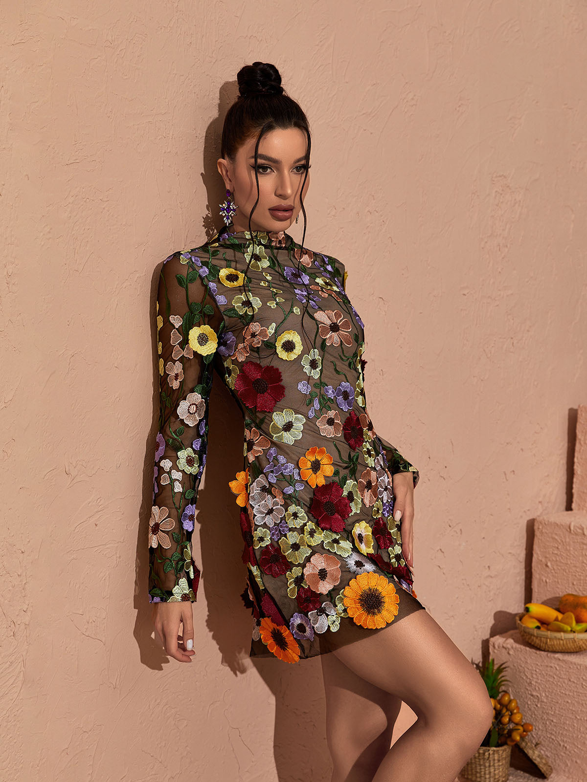 High Neck Long Sleeve 3D Floral Applique Mesh Mini Dress