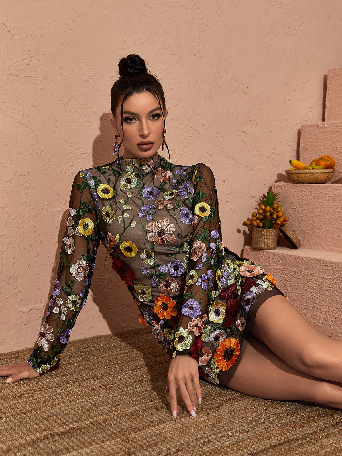 High Neck Long Sleeve 3D Floral Applique Mesh Mini Dress