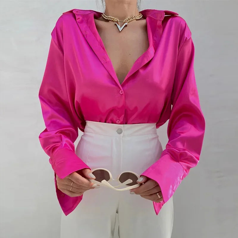 Button Up Satin Long Sleeve White Blouse Rose Red / S blouse-250223