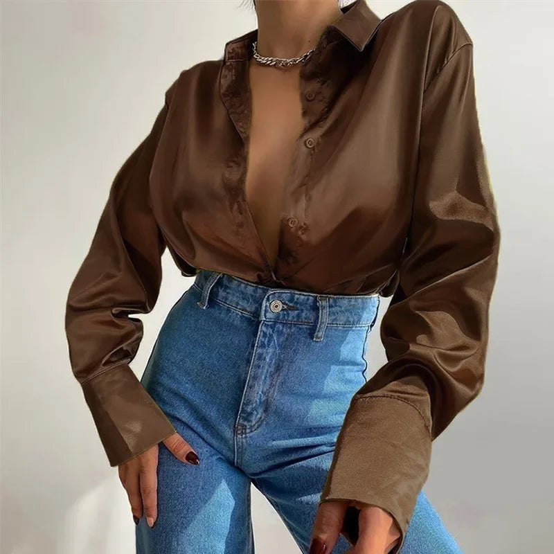 Button Up Satin Long Sleeve White Blouse Brown / S blouse-250223