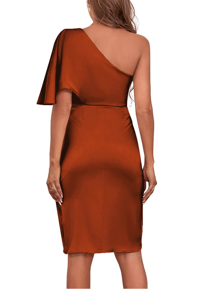 Satin Ruffle One Shoulder Ruched Split Wrap Front Cocktail Bodycon Midi Dress