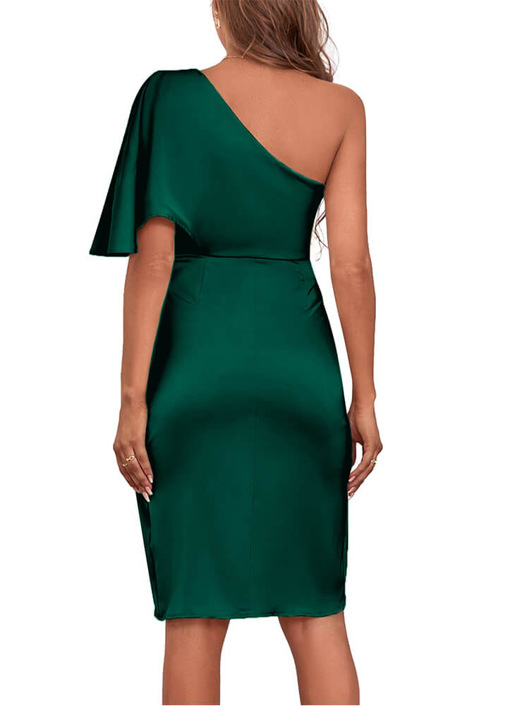 Satin Ruffle One Shoulder Ruched Split Wrap Front Cocktail Bodycon Midi Dress